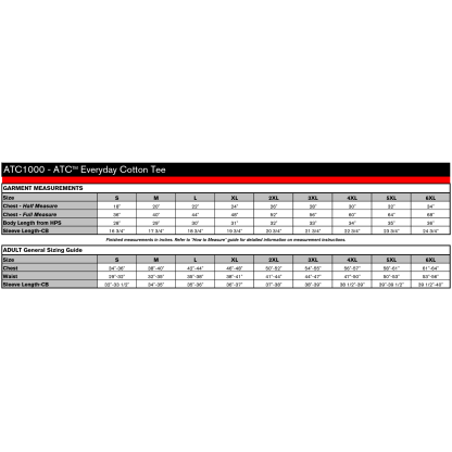 ATC1000 SIZE CHART
