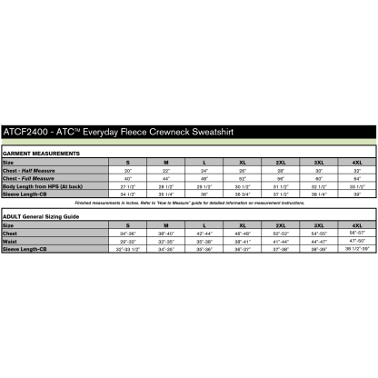 ATCF2400 SIZE CHART