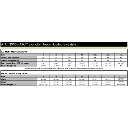 ATCF2500 SIZE CHART