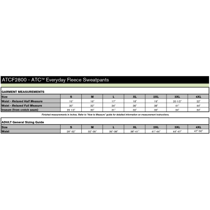 ATCF2800 SIZE CHART