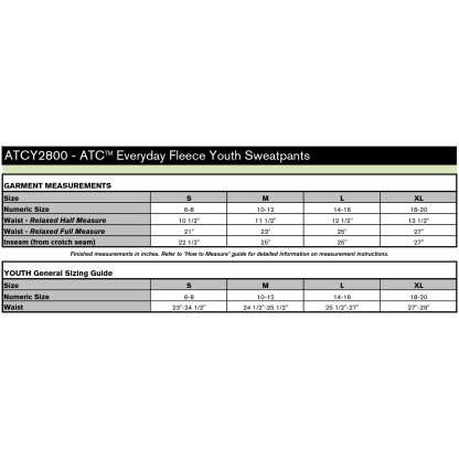 ATCY2800 SIZE CHART