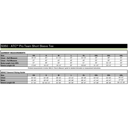 S350 SIZE CHART