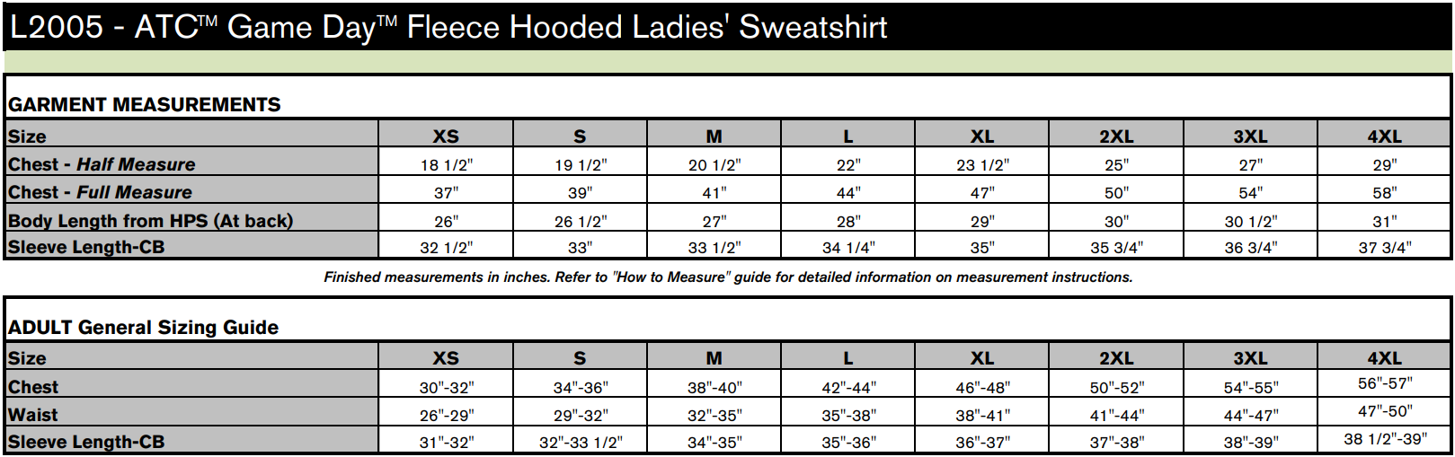 ATC L2005 SIZE CHART ATC L2005 SIZE CHART